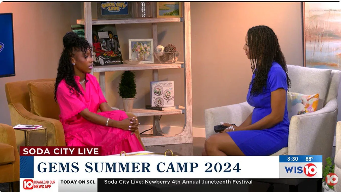 Two women sitting and talking in a living room setting, with one woman in a pink dress and the other in a blue dress. A TV screen, decorative shelves, and artwork are visible in the background.