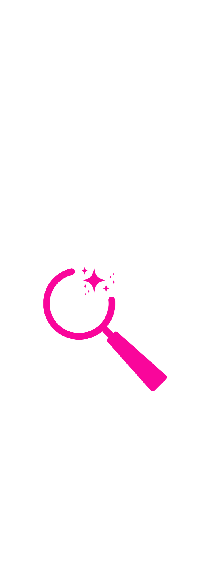Black background with pink magnifying glass and sparkling stars.