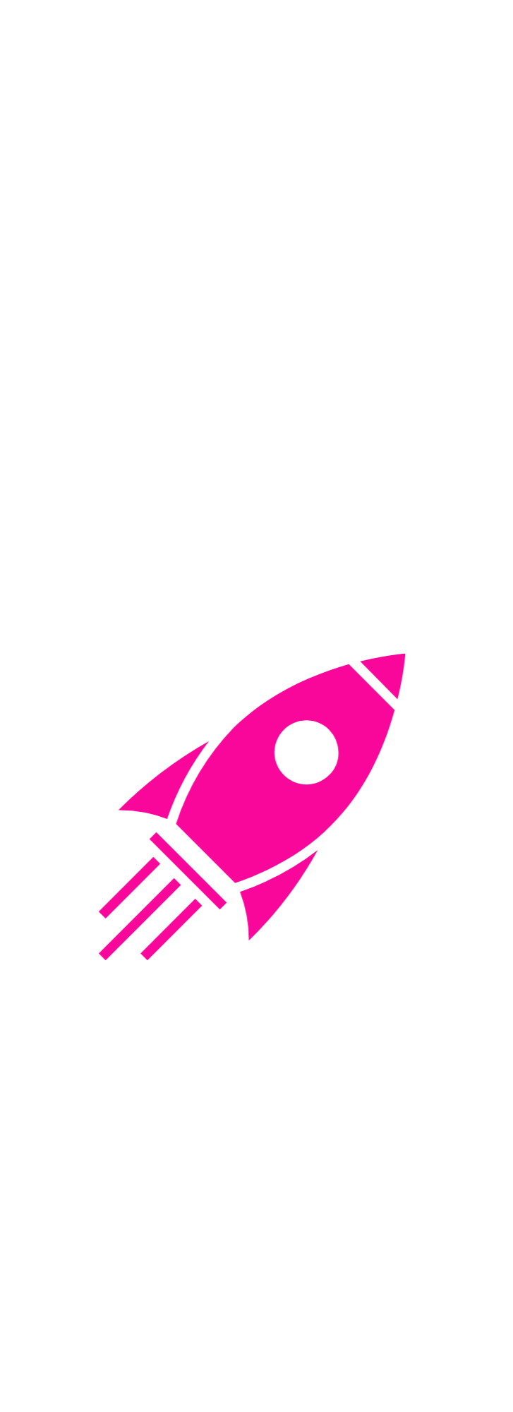 A black background with a pink rocket ship graphic near the bottom.