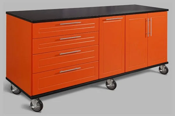 Orange utility cart with a black top, four drawers, two cabinets, and four wheels.