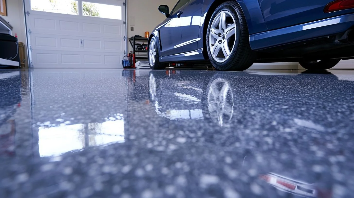 Clean blue car parked in a garage with a shiny, wet, speckled epoxy floor reflecting the vehicle and garage door.