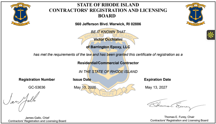 Contractor's registration and license certificate from the Rhode Island Contractors' Registration and Licensing Board, issued to Victor Occhialini of Barrington Epoxy LLC, dated May 13, 2026, with signatures from James Gallo and Thomas E. Furey.