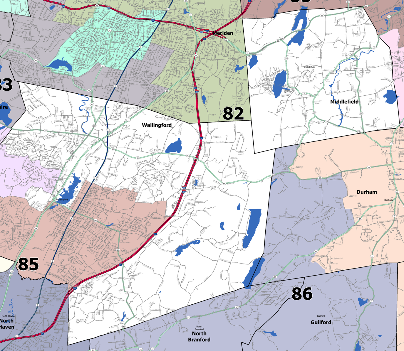 Map showing various regions with colored boundaries, highways, lakes, and labels for towns such as Meriden, Wallingford, Middlefield, Durham, North Haven, North Branford, Guilford, and the numbers 82, 85, and 86 indicating regions.