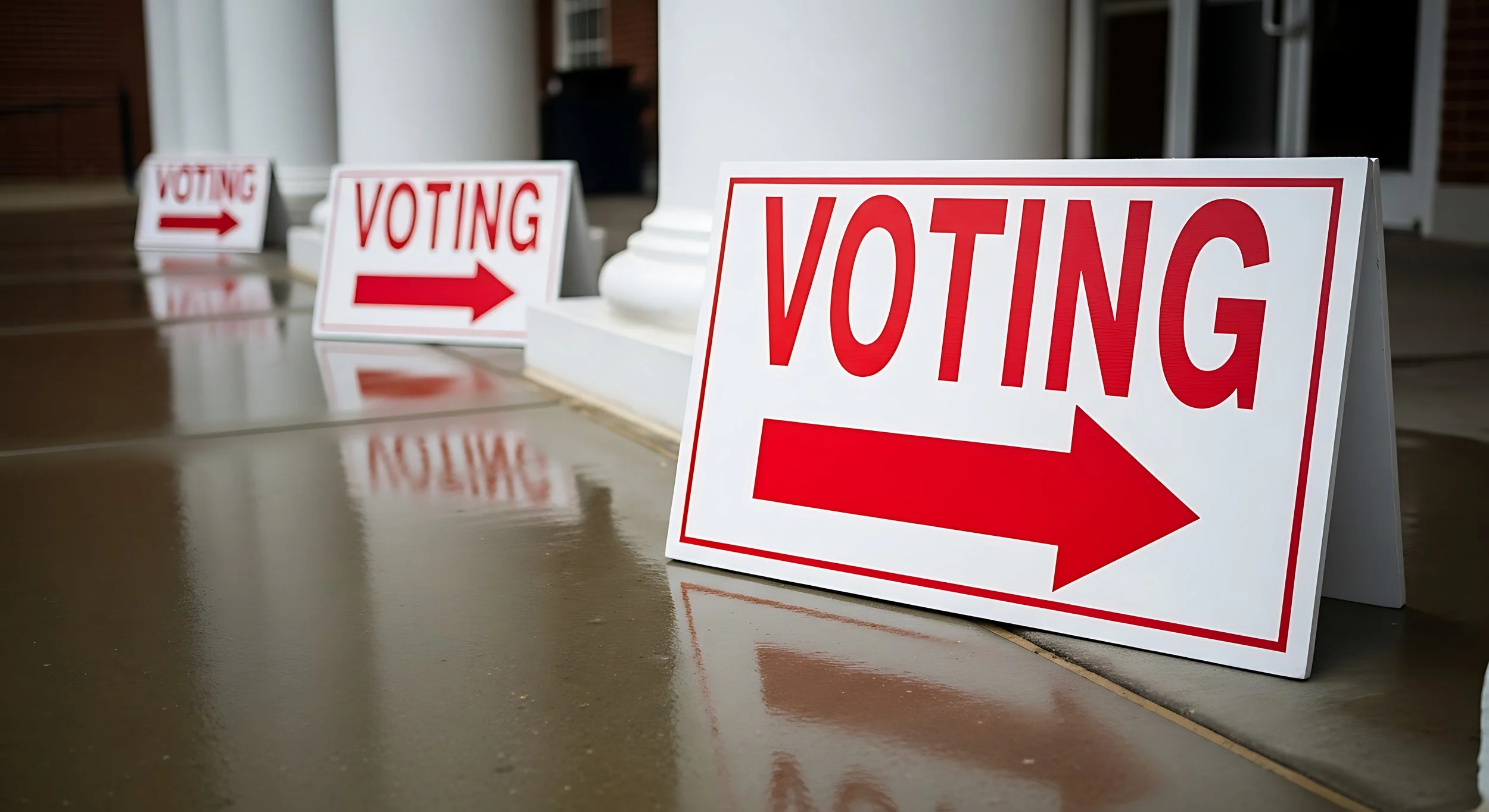 Three white signs with the word 'VOTING' in red plus an arrow pointing to the right, placed on a porch floor.