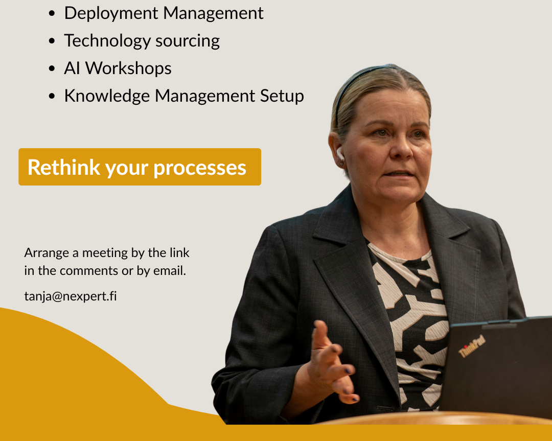PowerPoint slide with a woman in a blazer giving a presentation. The slide lists four points: 'Deployment Management', 'Technology sourcing', 'AI Workshops', and 'Knowledge Management Setup'. There is a prominent yellow button with the text 'Rethink your processes'. Additional text advises arranging a meeting via email, with contact information included.