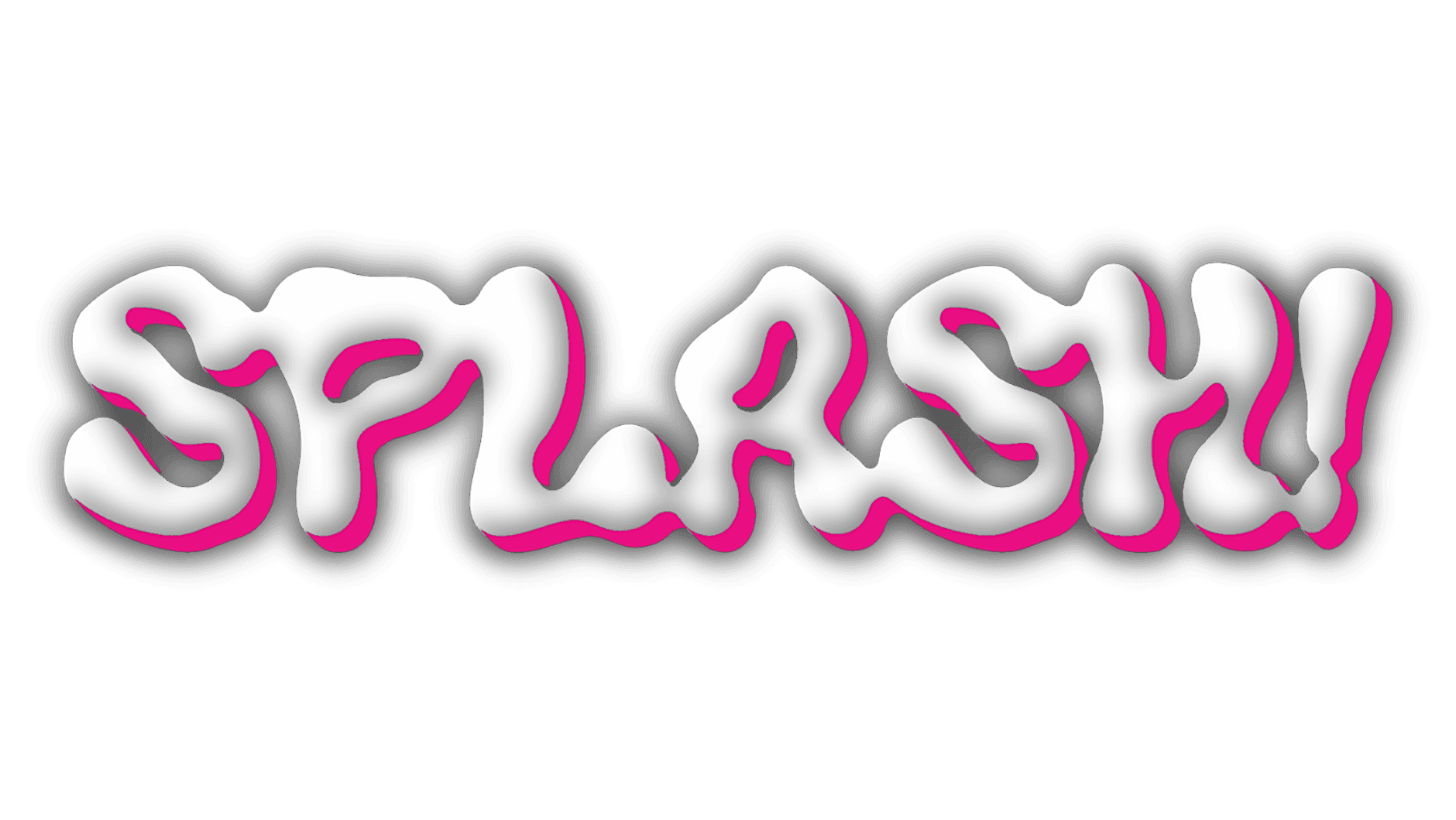 The word 'SPLASH!!' written in stylized, white and pink 3D letters on a black background.