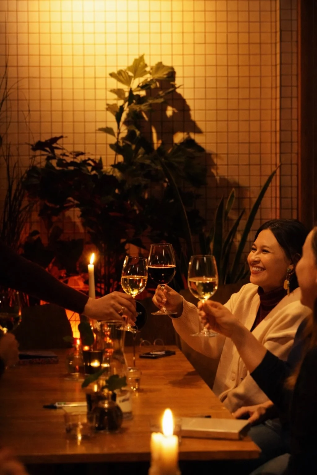 People celebrating at a dinner table with wine glasses in a warmly lit restaurant or bar, with candles and greenery in the background.