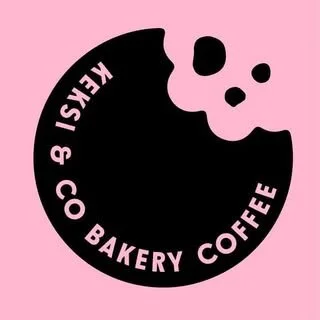 Logo with a pink background featuring a bitten black cookie with pink goo and the text 'KEKSI & CO COFFEE' in pink letters.