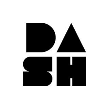 Graphic design with the word 'DASH' arranged in a square pattern using bold black letters on a white background.