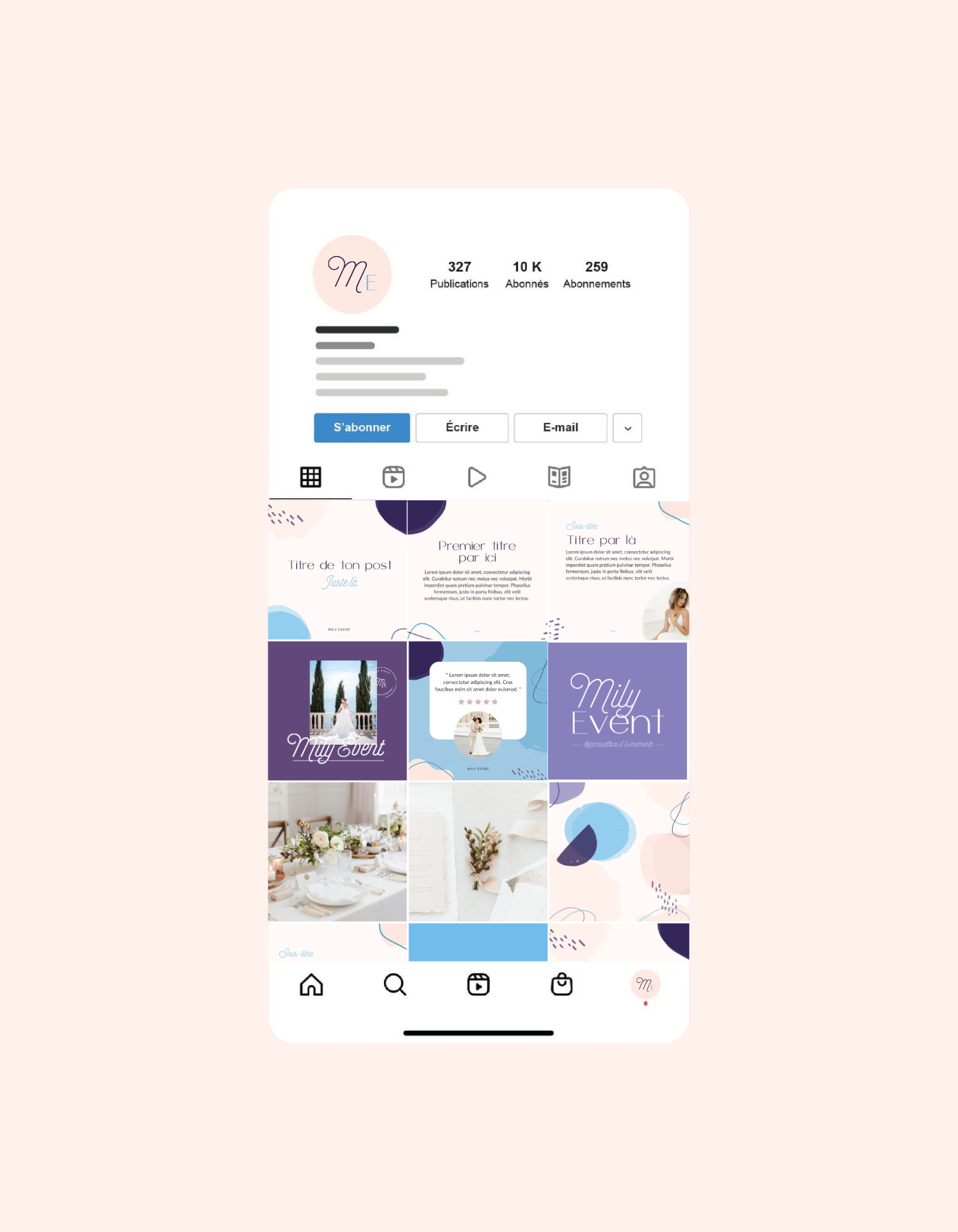 Une capture d'écran d'un profil Instagram nommé Milly Event, avec 327 publications, 10 000 abonnés, 259 abonnements, et des images de décoration de mariage et de mode événementielle.