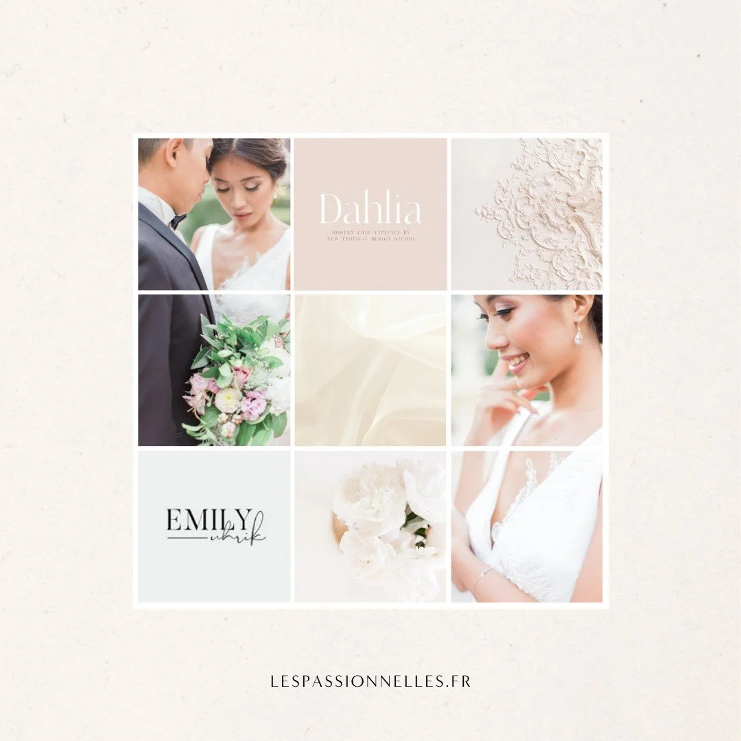 Un collage de photos de mariage avec un couple, des fleurs, et des motifs élégants, avec le texte 'Dahlia' et 'Emily'.