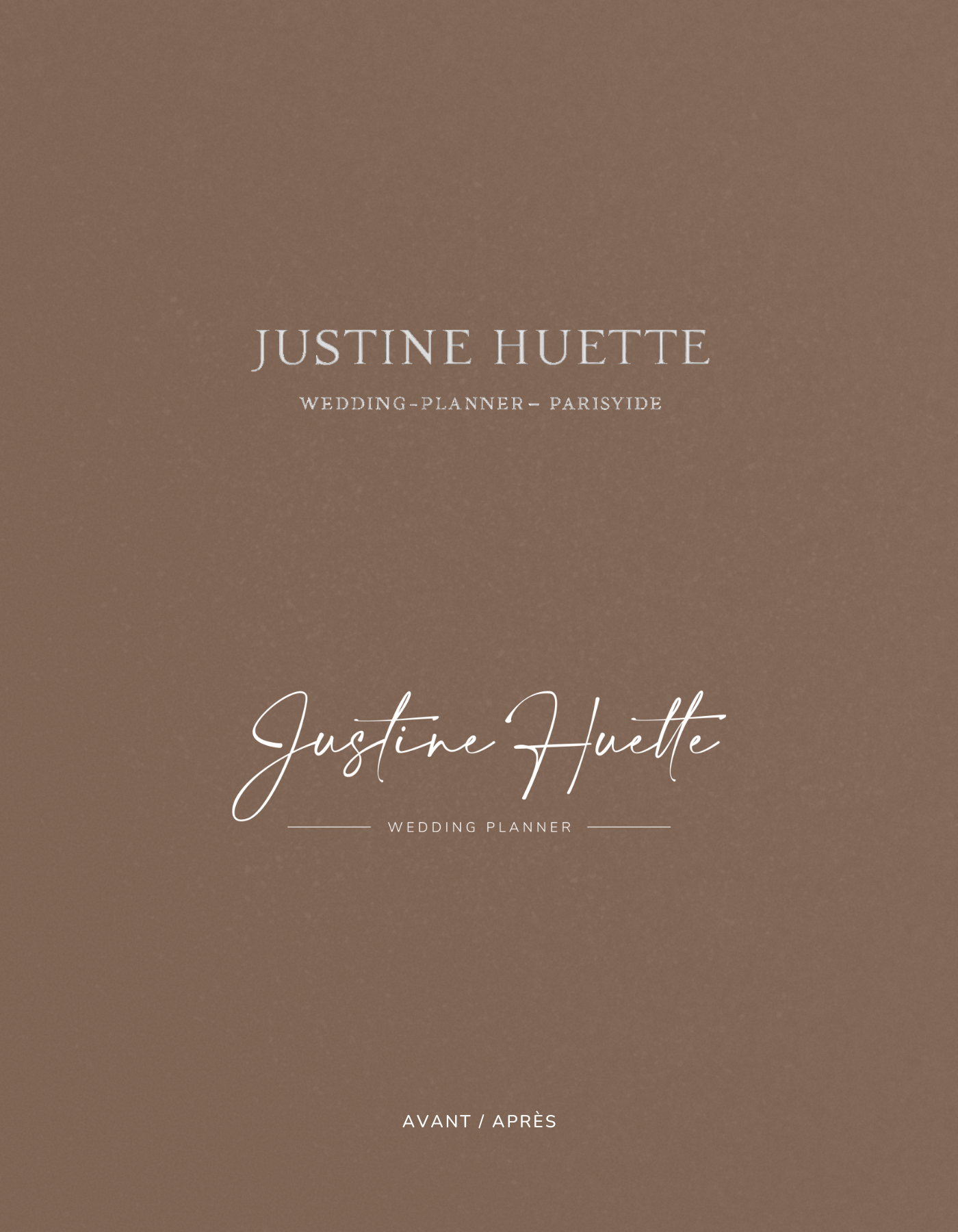 Avant et après d'une mise en page de planificateur de mariage avec un fond marron et le texte "Justine Huette, wedding planner, Pariside" et "avant / après" en bas.