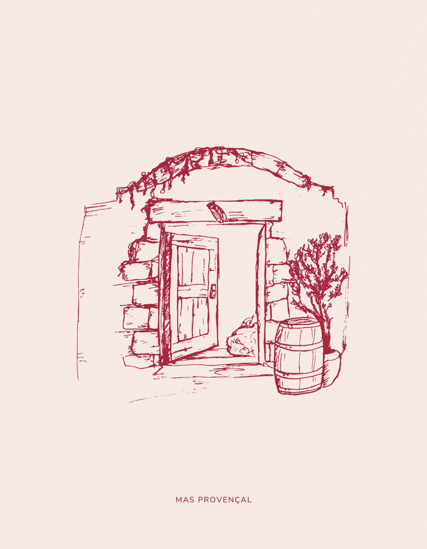 Illustration d'une entrée de cave ou de maison en Provence, avec une porte en bois, un tonneau, une plante à côté, et un arceau en pierre au-dessus, le tout dessiné en style esquisse. Texte en bas : "Mas Provençal".
