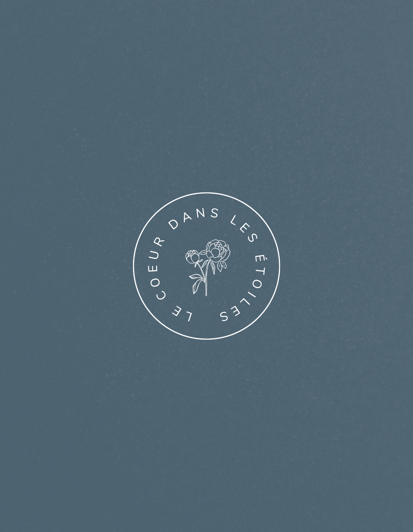 Un fond bleu foncé avec un logo circulaire blanc au centre, comprenant un dessin de fleurs et le texte "Fleurs dans les étoiles" autour.