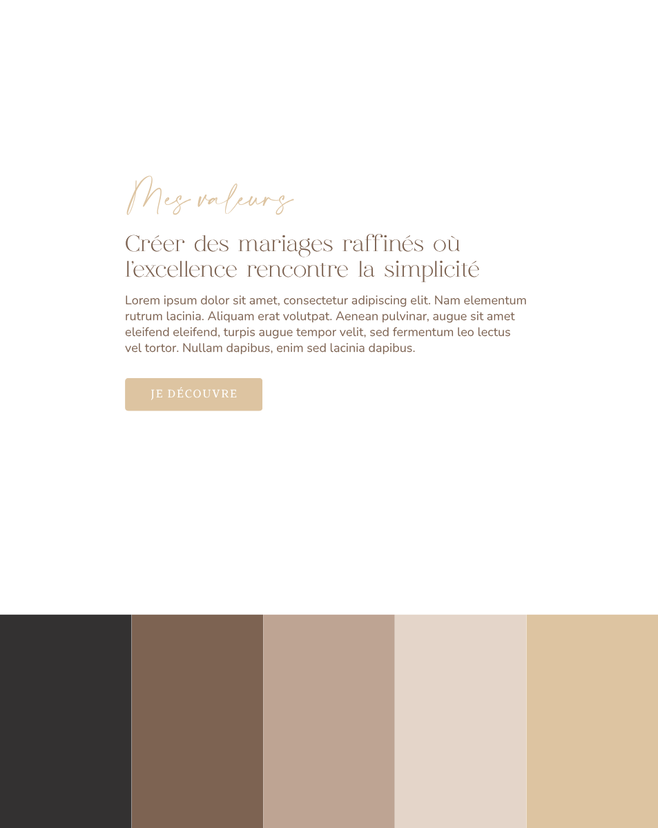 Page de site web avec texte en français sur la création de mariages raffinés, présentant différentes nuances de couleurs neutres en bas.