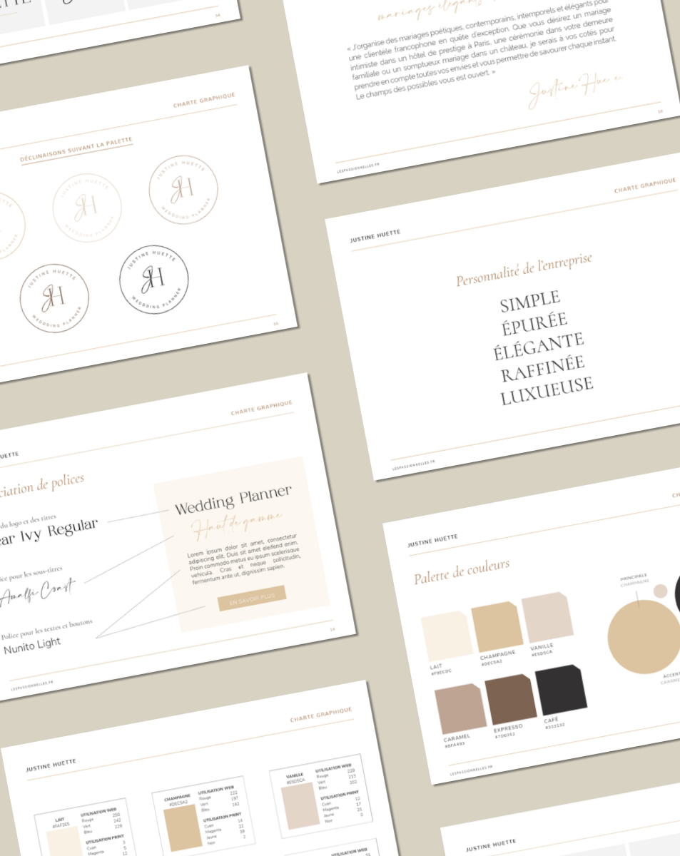 Pages de documents avec graphiques, palettes de couleurs, et textes en français sur un fond beige clair.