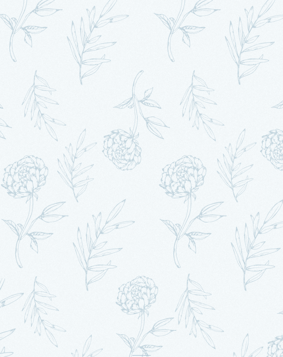 Motif floral avec fleurs de jardin et feuilles dessinées en fil de fer.