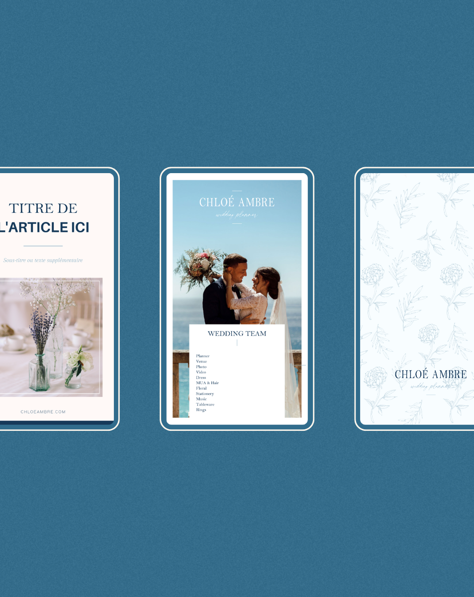 Carte de mariage avecphoto d'un couple lors d'une cérémonie sur une plage, texte 'Chloé Ambre wedding flowers', et une liste d'éléments pour un mariage.