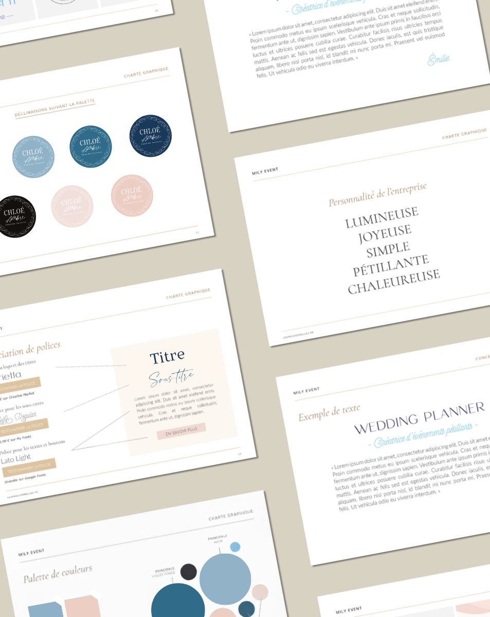 Collection de pages de documents et de design graphique avec textes, diagrammes et palettes de couleurs, principalement en français.