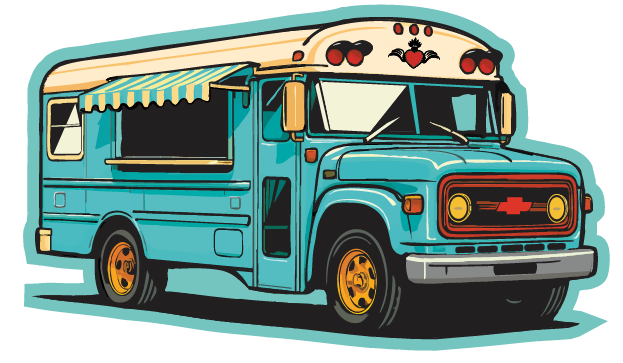 Colorful illustrated food truck with a teal body, yellow wheels, and a striped yellow and teal awning.