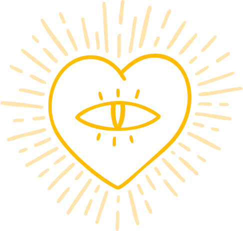 A gold outline of a heart with a stylized face inside, surrounded by radiating lines on a black background.