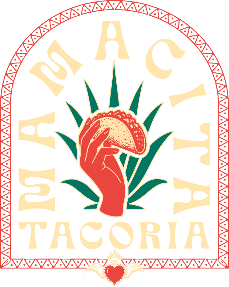 A graphic design featuring a hand holding a taco in front of a pattern of agave plants. Text curved around the top reads 'La Tacoria' in a vintage style, with decorative red and black border and a small heart with wings at the bottom.