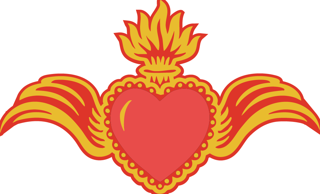 A tattoo-style design featuring a red heart at the center, surrounded by yellow flames and decorative elements.