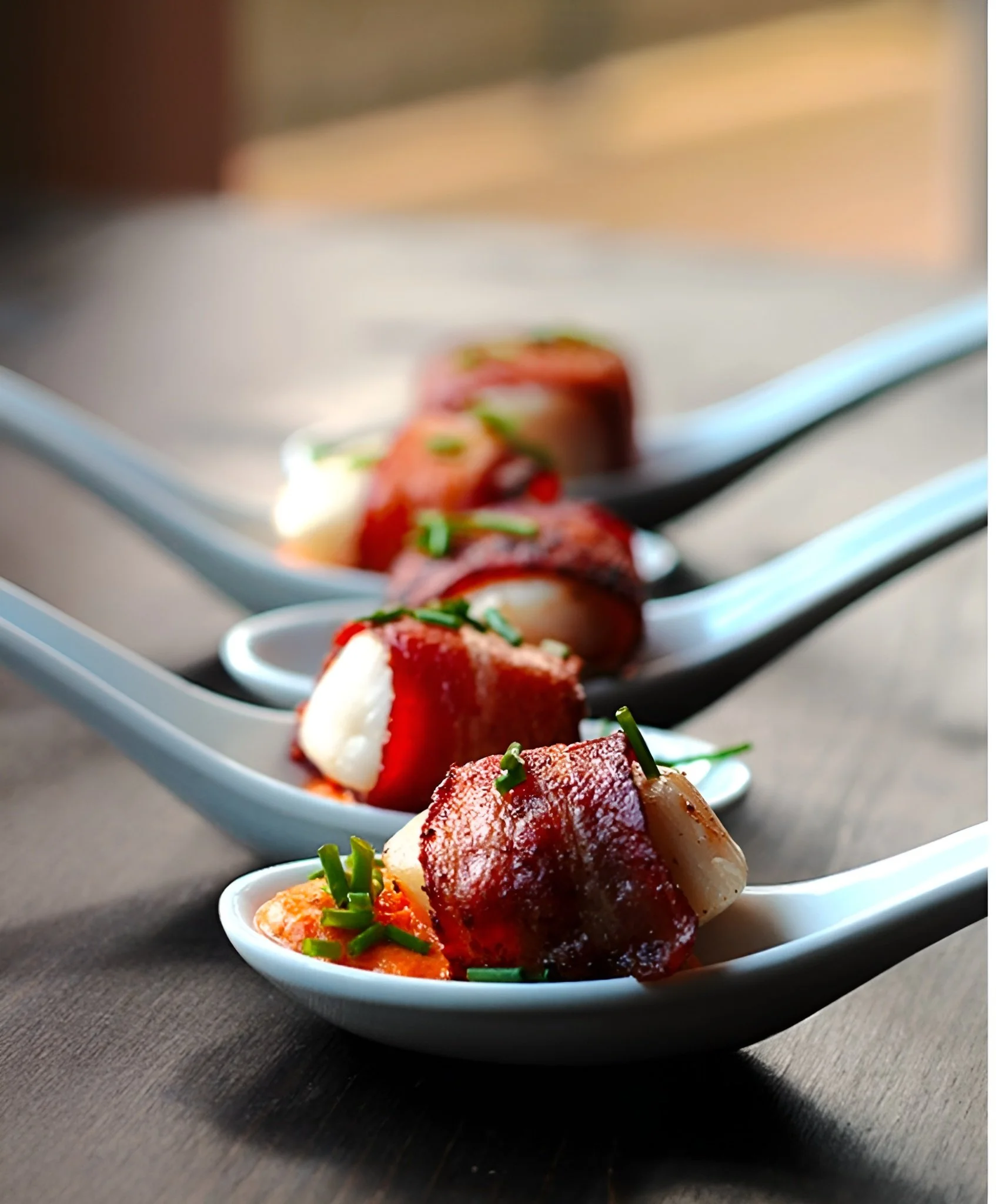Close-up of skewered grilled meats and vegetables garnished with chopped chives on white ceramic spoons, arranged in a row on a dark wooden surface.