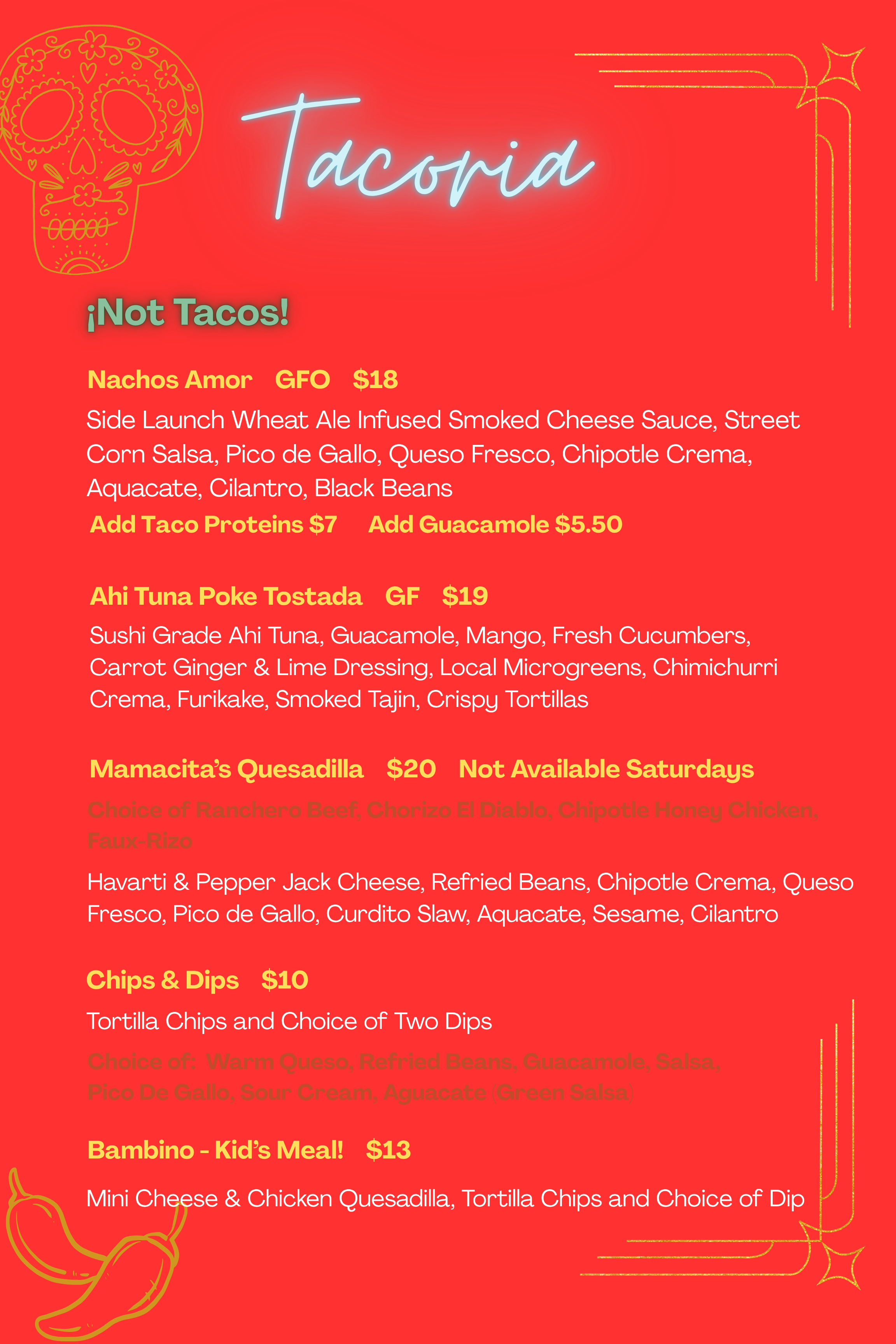 Red menu with neon-style 'Tacomía' and Mexican-themed illustrations, listing various taco dishes and sides with prices.