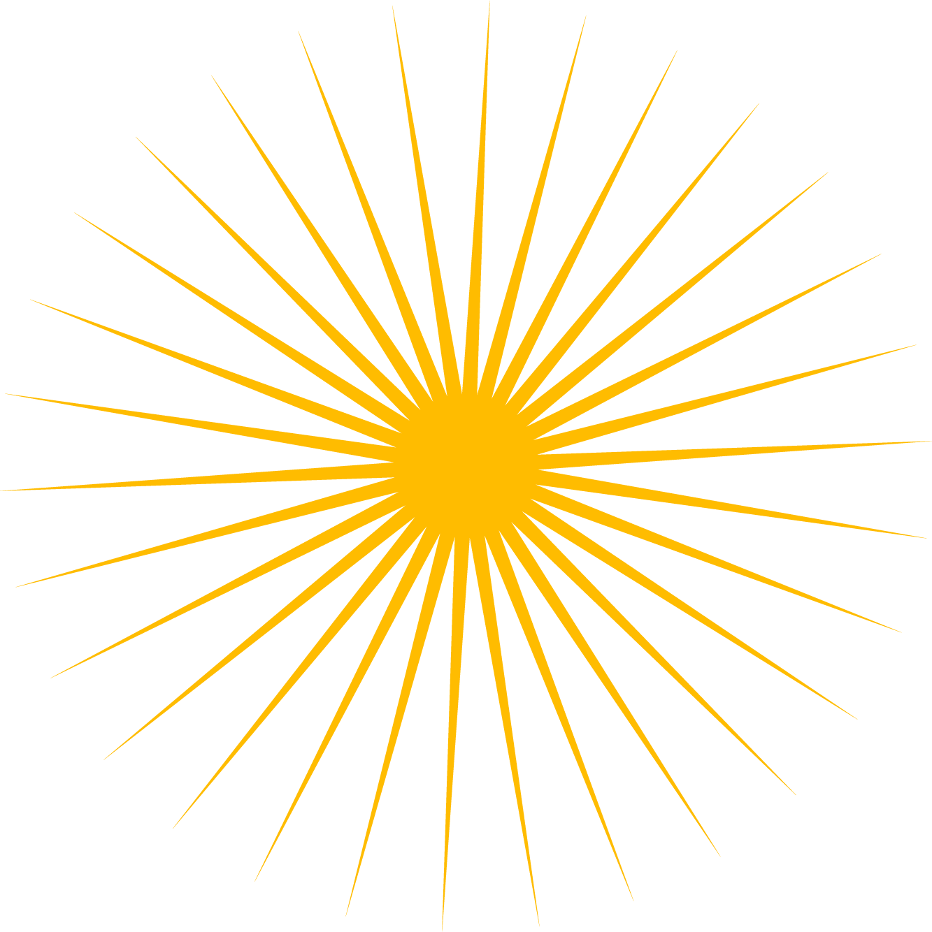 Yellow sunburst graphic with a solid circle at the center, radiating lines on a black background.