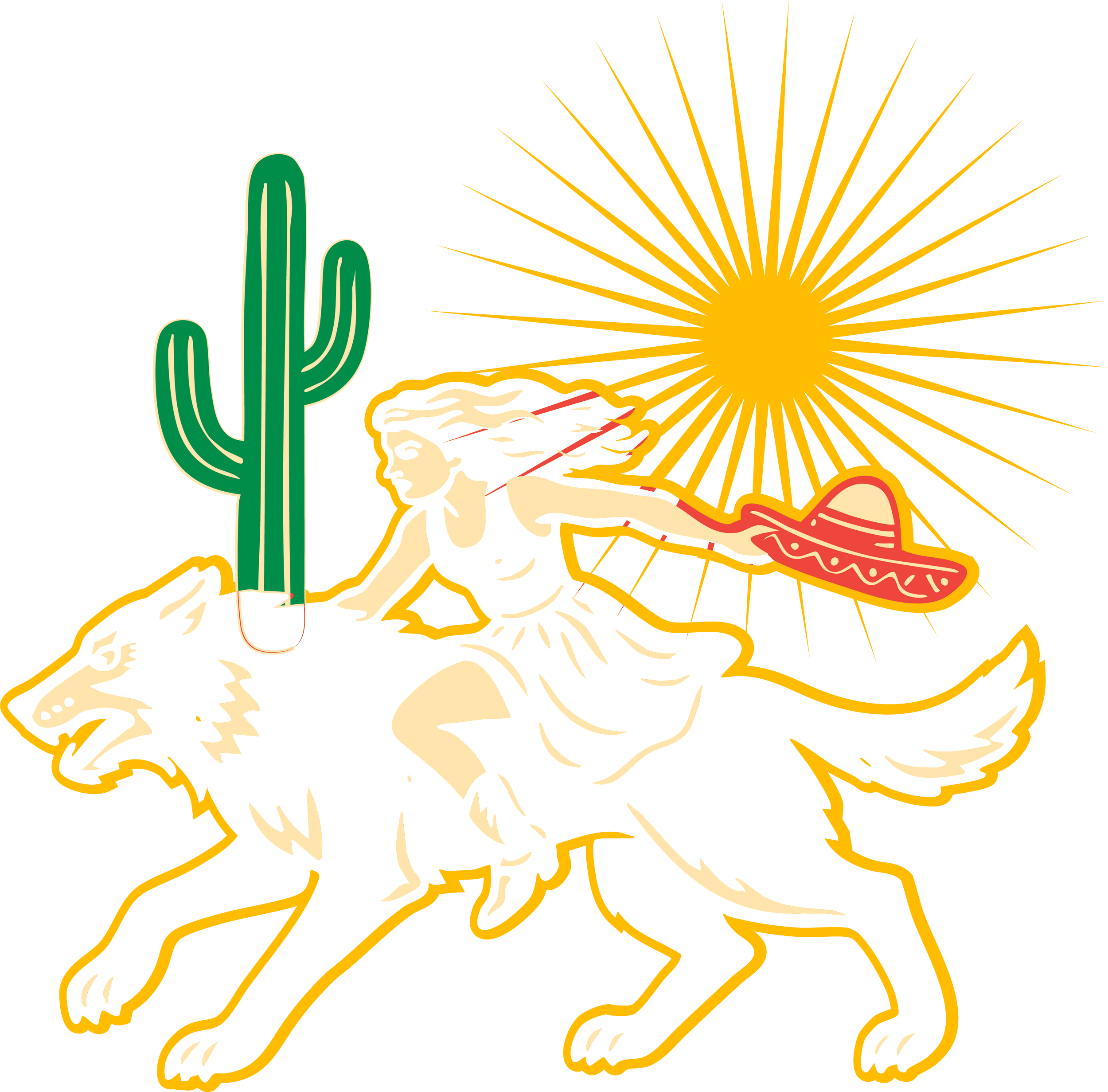 A stylized illustration of a woman with wind-blown hair riding a white horse, with a yellow sun and radiating rays in the background, and a large green cactus to the left.