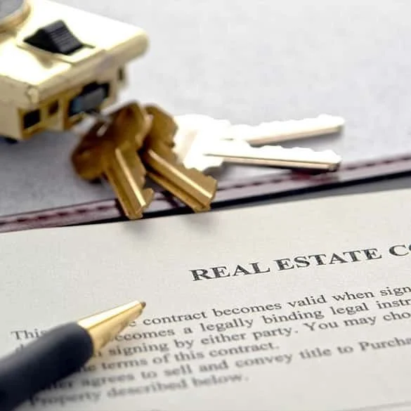 Close-up of a real estate contract with a gold pen, keys, and white keys on top of the document.