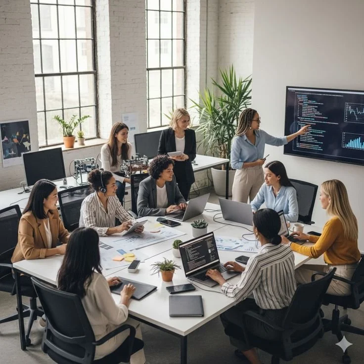 A diverse group of people in a business meeting or workshop in a modern conference room, with a woman presenting data on a large screen.