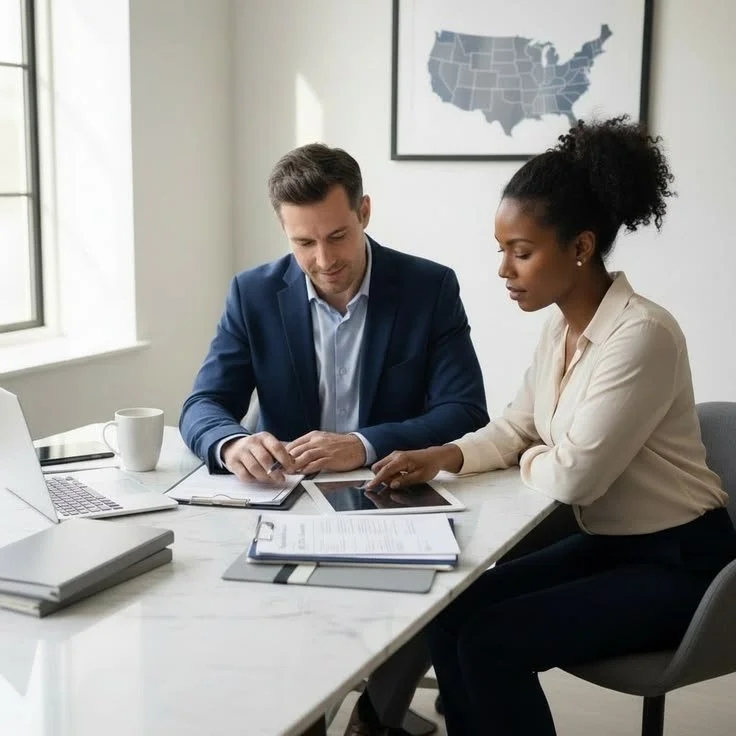 Two professionals sit at a table in a bright office discussing documents, with a map of the United States on the wall behind them.