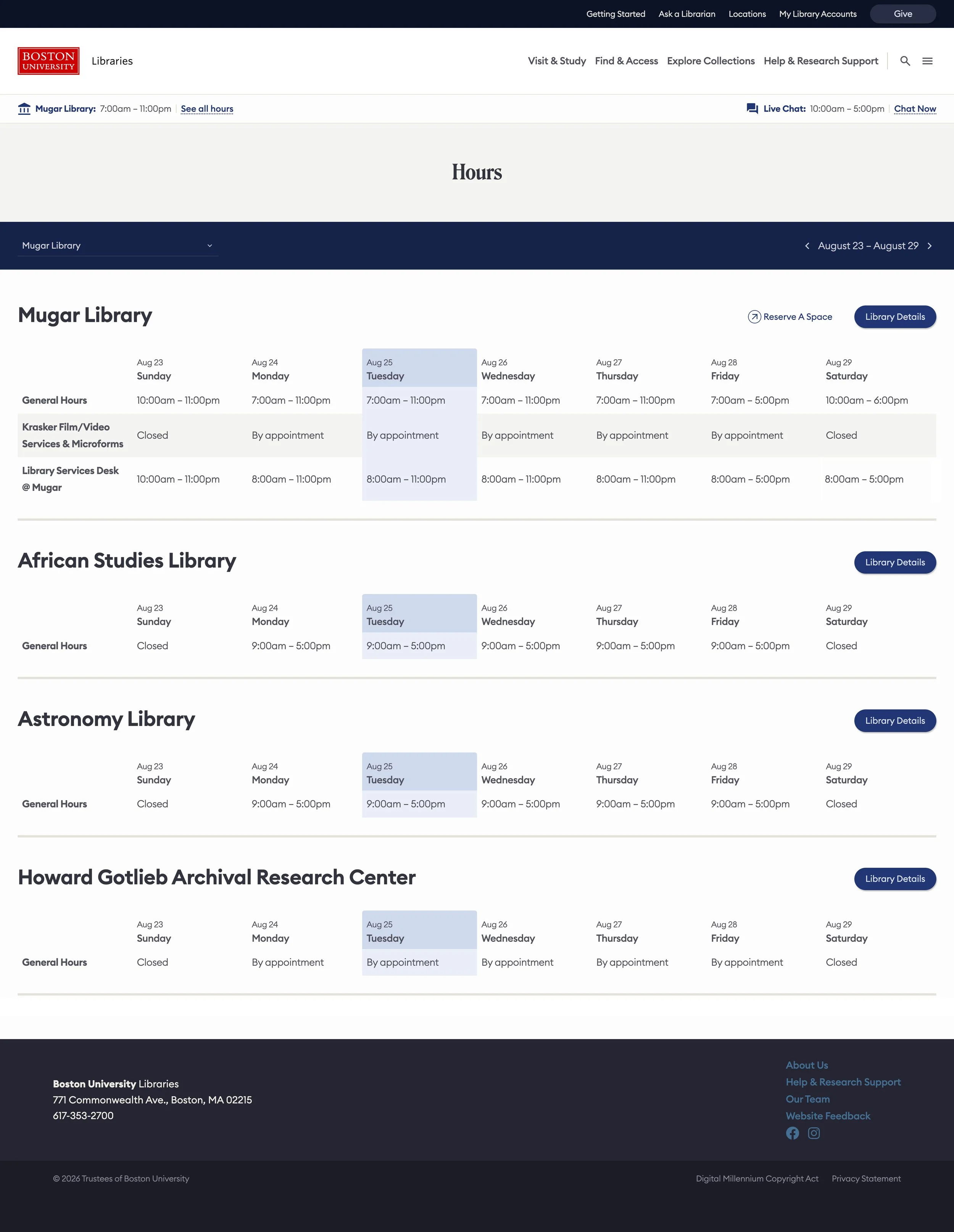 Hours page design of Libraries website
