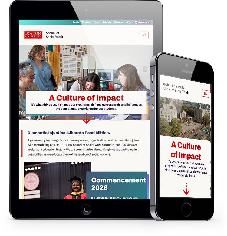 Home page of school of social work website on a tablet and mobile phone