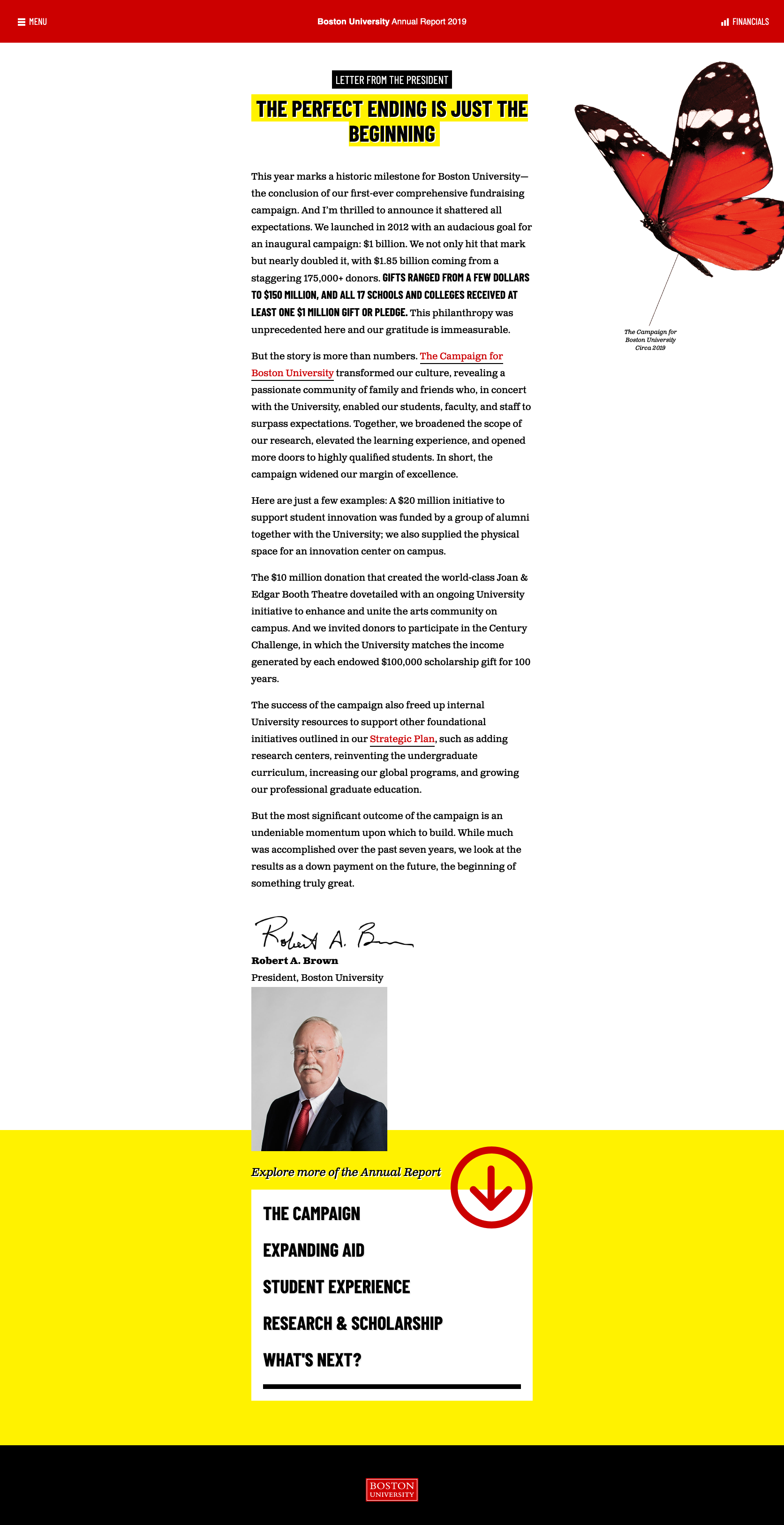 Letter from the president page of the annual report website