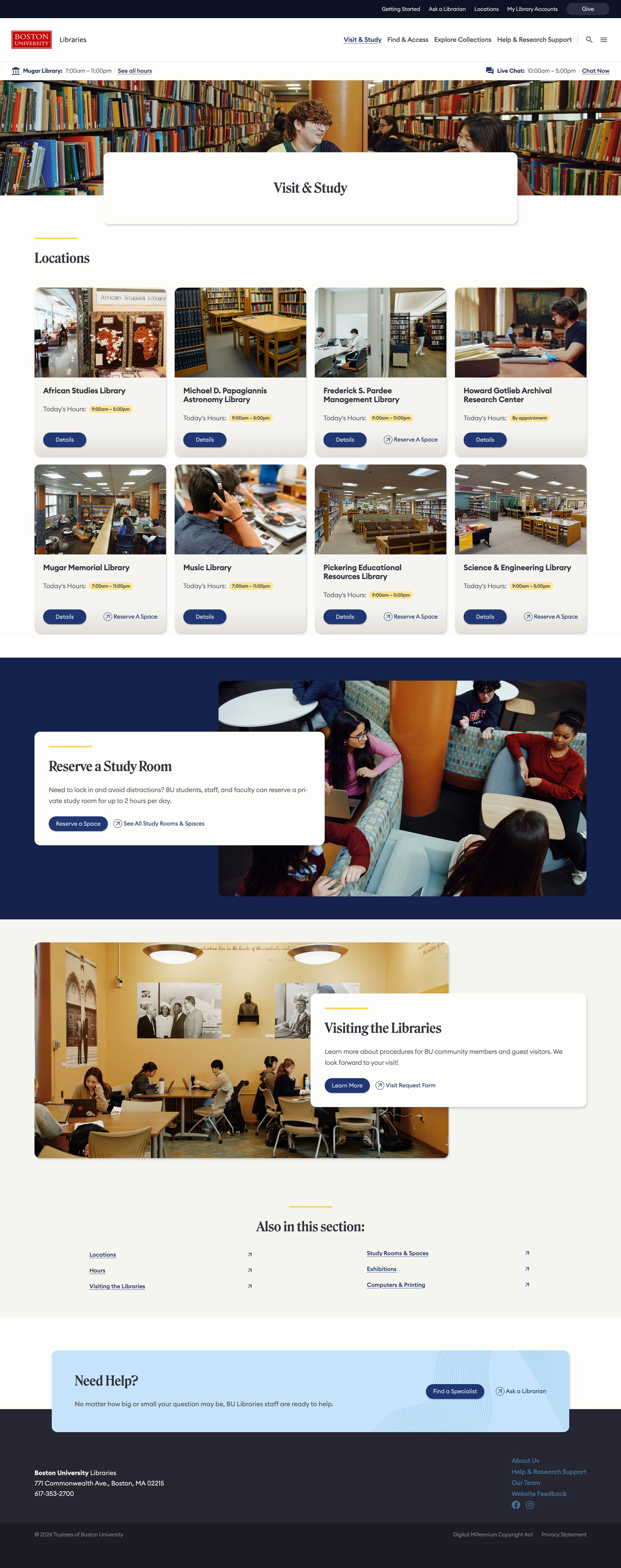 Visit page design of Libraries website