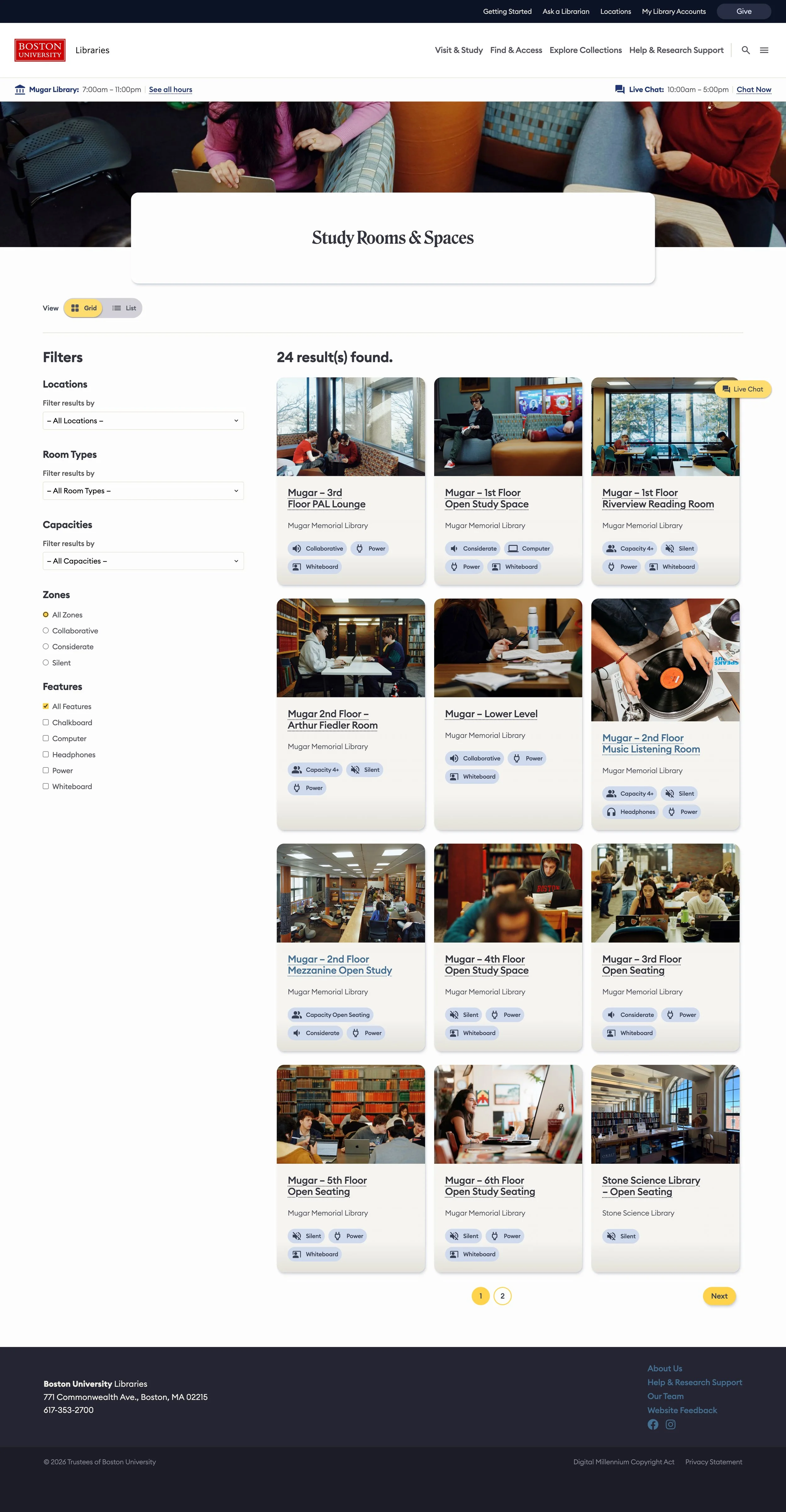 Spaces page design of Libraries website