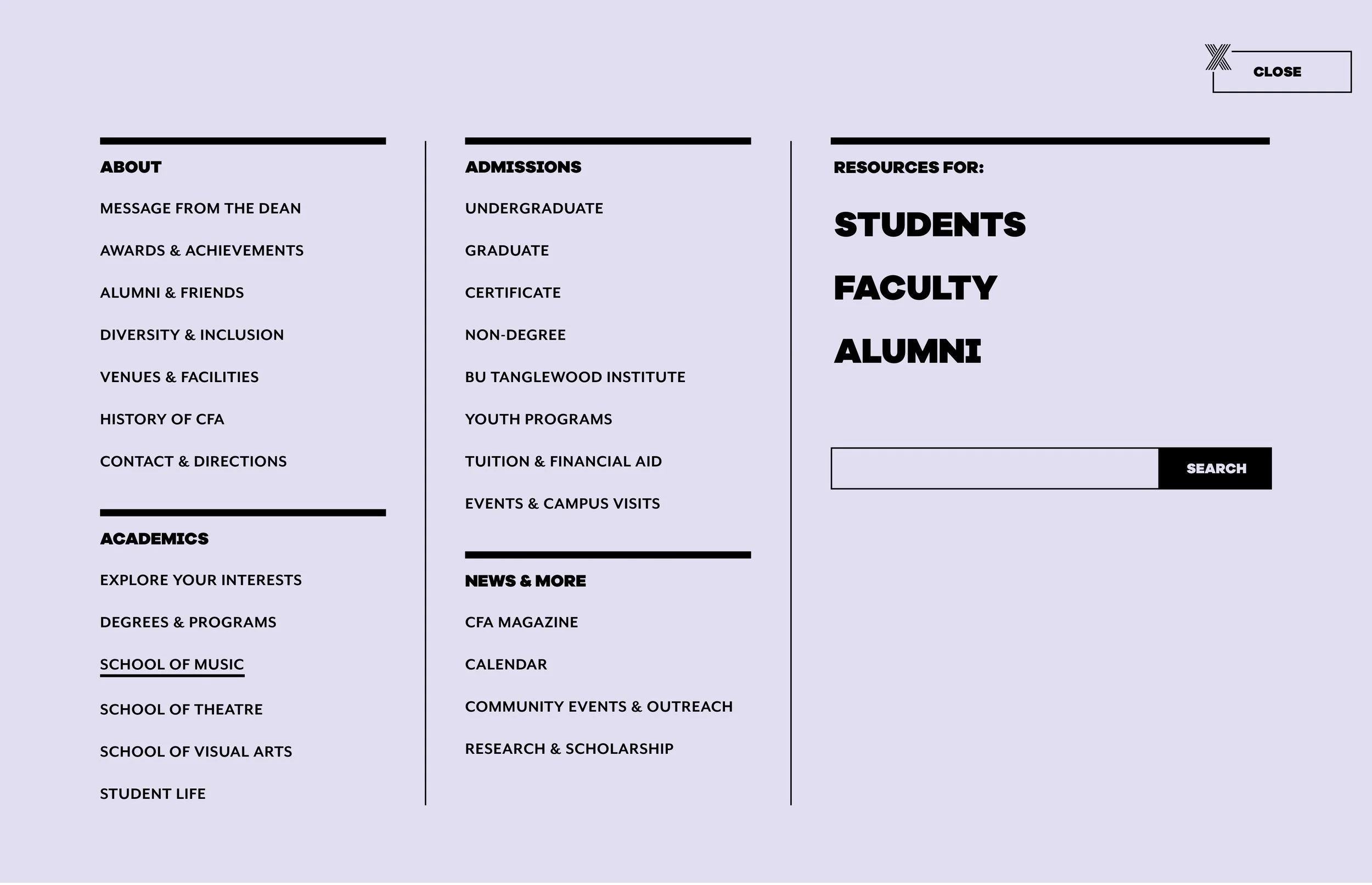 Menu design of CFA website