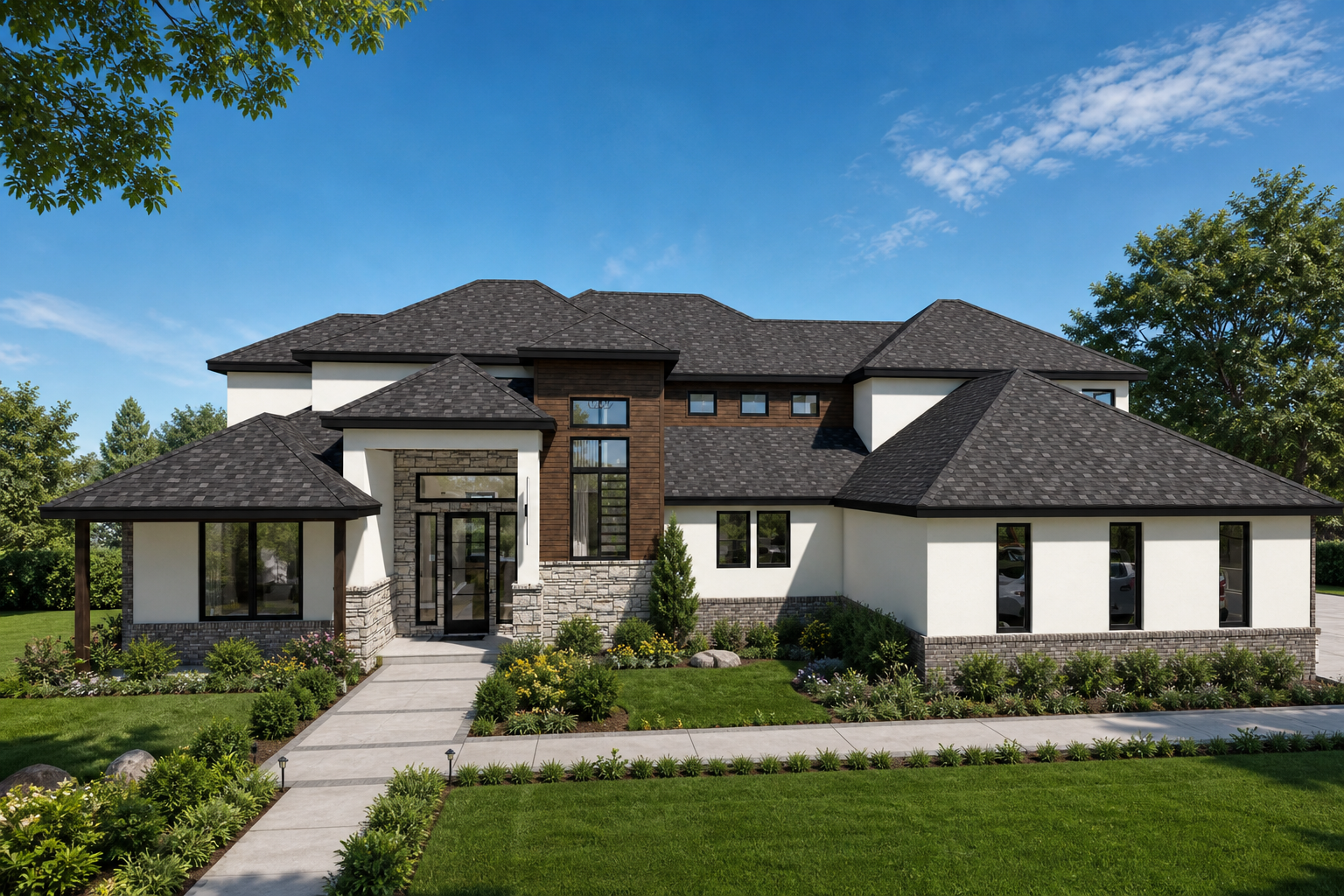 A modern two-story house with a dark shingle roof, stone and white exterior walls, and multiple windows, surrounded by a well-manicured lawn and garden with pathway and trees, under a blue sky.