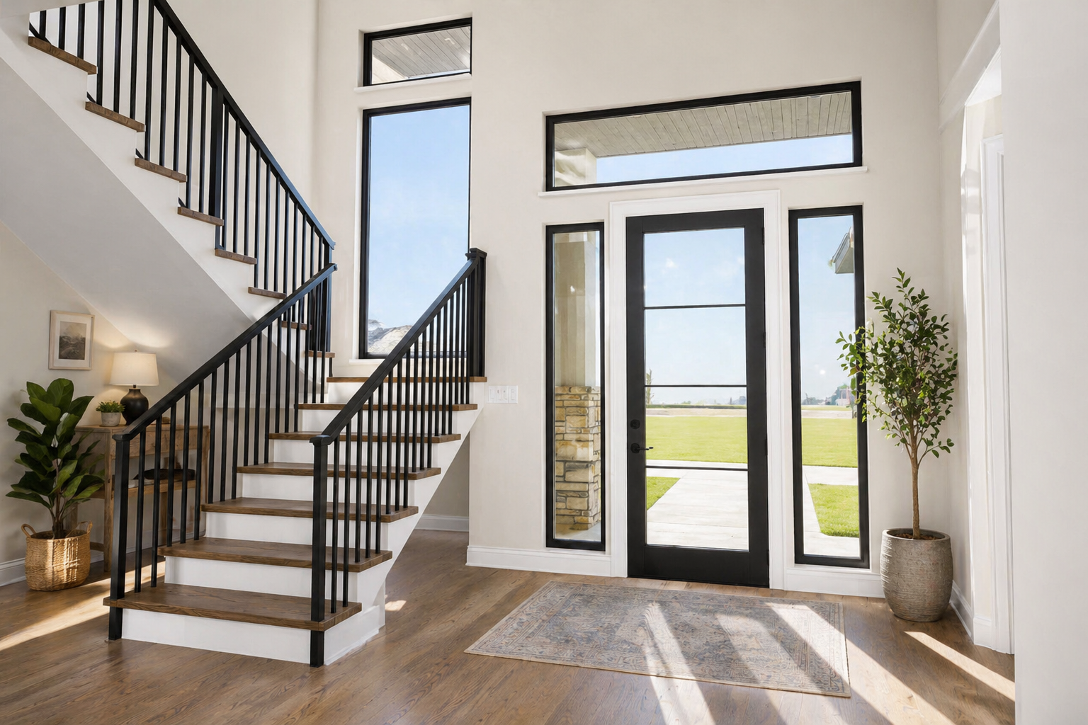 Modern entryway with a glass front door, large windows, a staircase with black railing and wooden steps, a potted plant, a small rug, and living room decor.