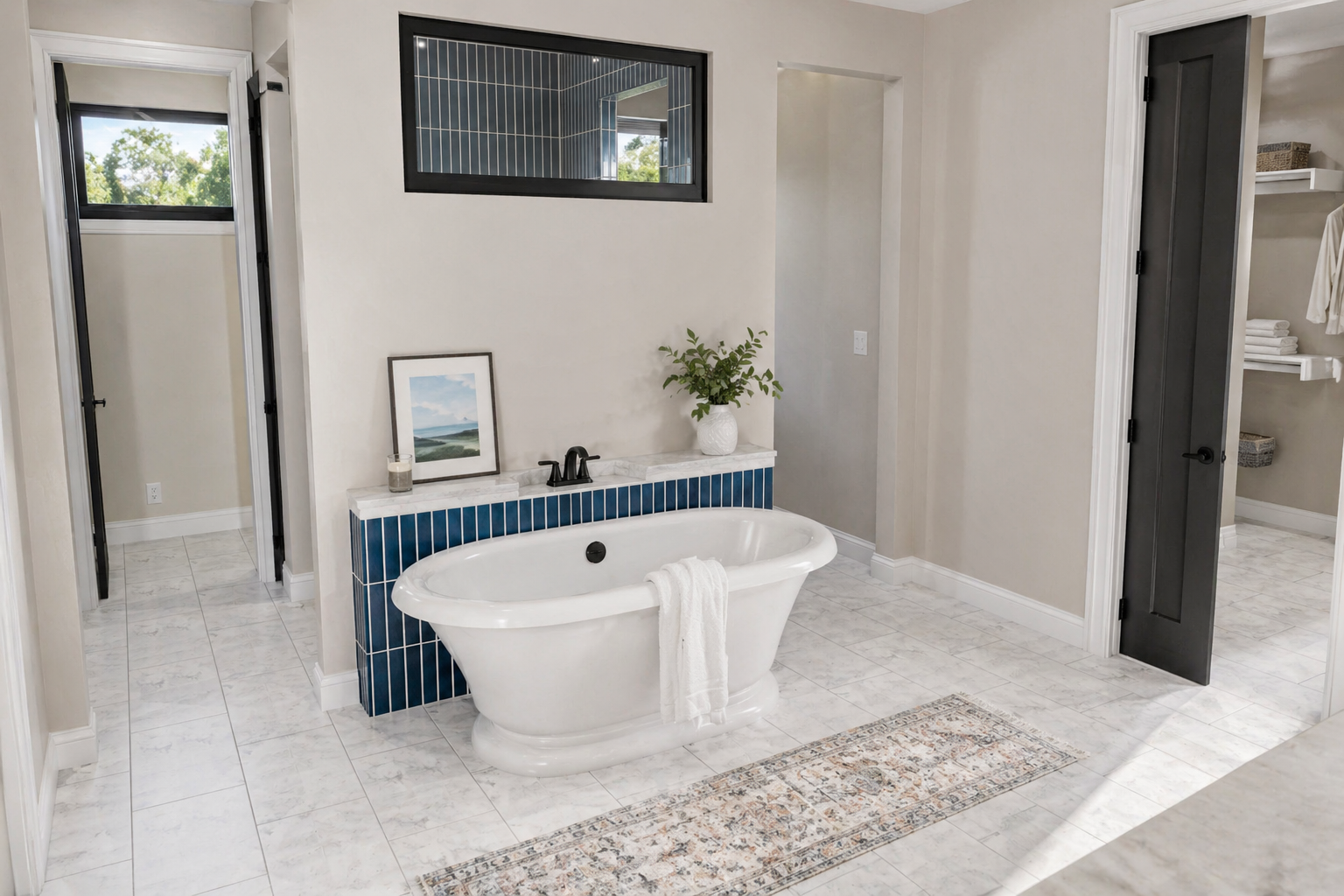 Bathroom featuring a freestanding bathtub with a dark faucet, decorated with a towel, against a wall with blue tile accents. There's a framed artwork, a plant in a white vase, and a small candle on the ledge. The bathroom has white tiled flooring, a black-framed window, and two doorways, one leading to a closet with shelves and towels, and another leading to a separate room.