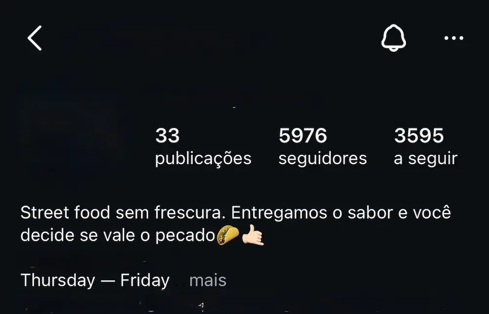 Screenshot of an Instagram description in Brazilian Portuguese for an European Portuguese audience.