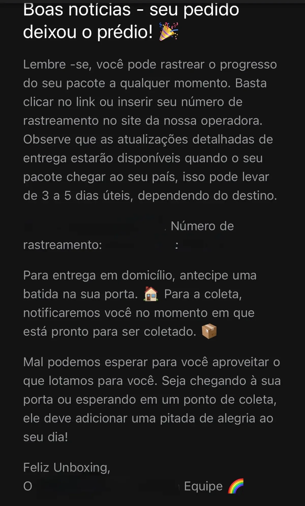Screenshot of an e-mail written in Brazilian Portuguese text instead of European Portuguese.