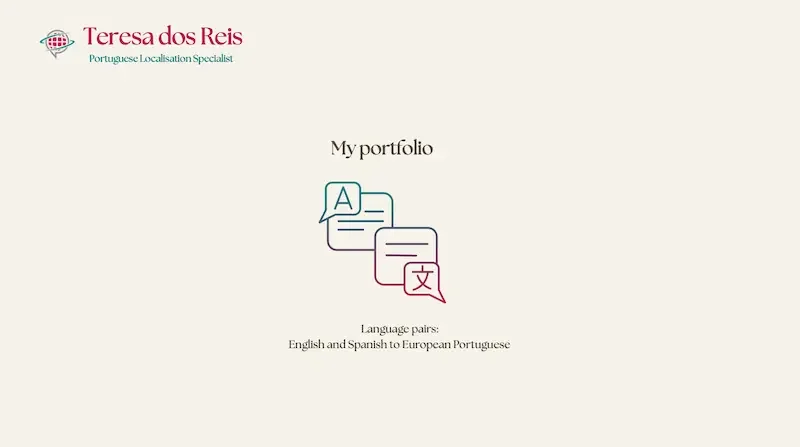 The first page of my professional portfolio, with my name, logo and language pairs.