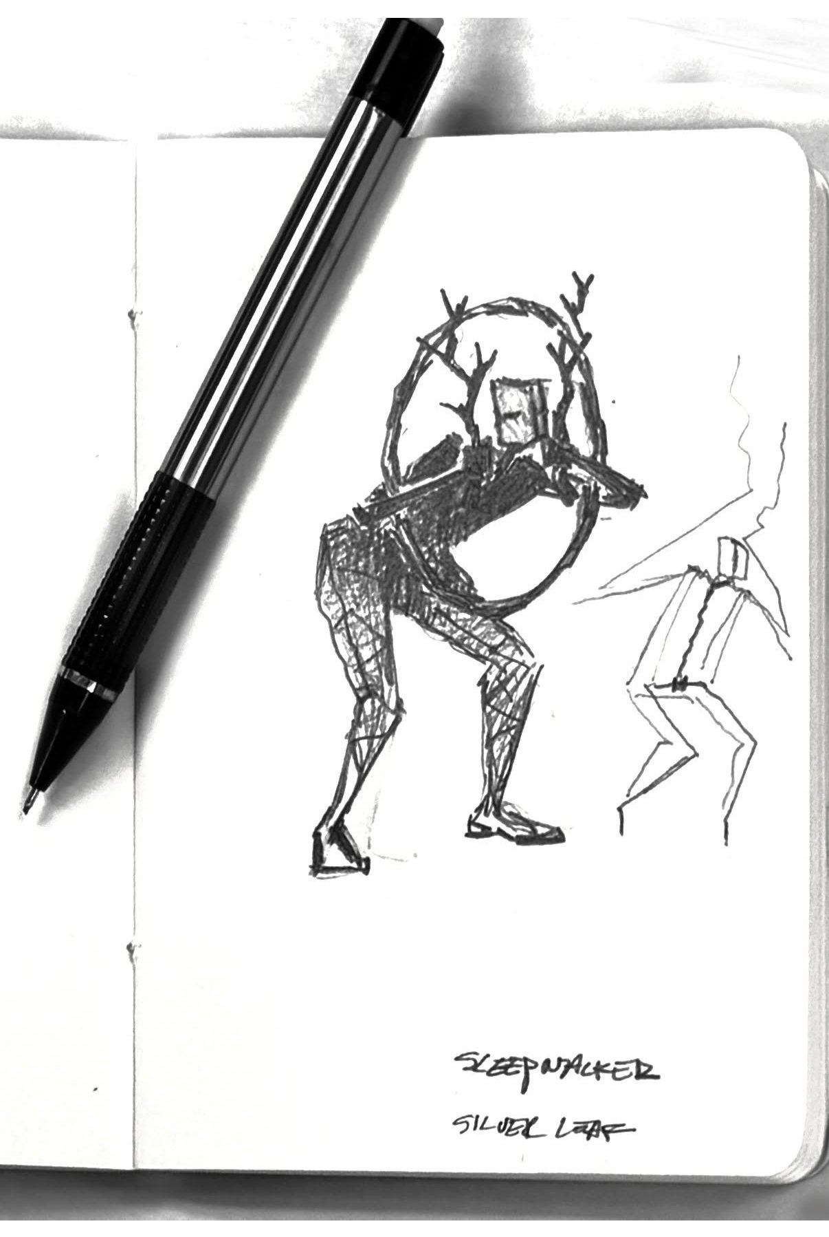One of several graphite on paper sketches that help me see the gesture as form and space before I create the armature for the sculpture.