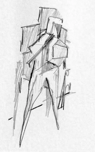 Cubist style conceptual sketch which led to completed sculpture.