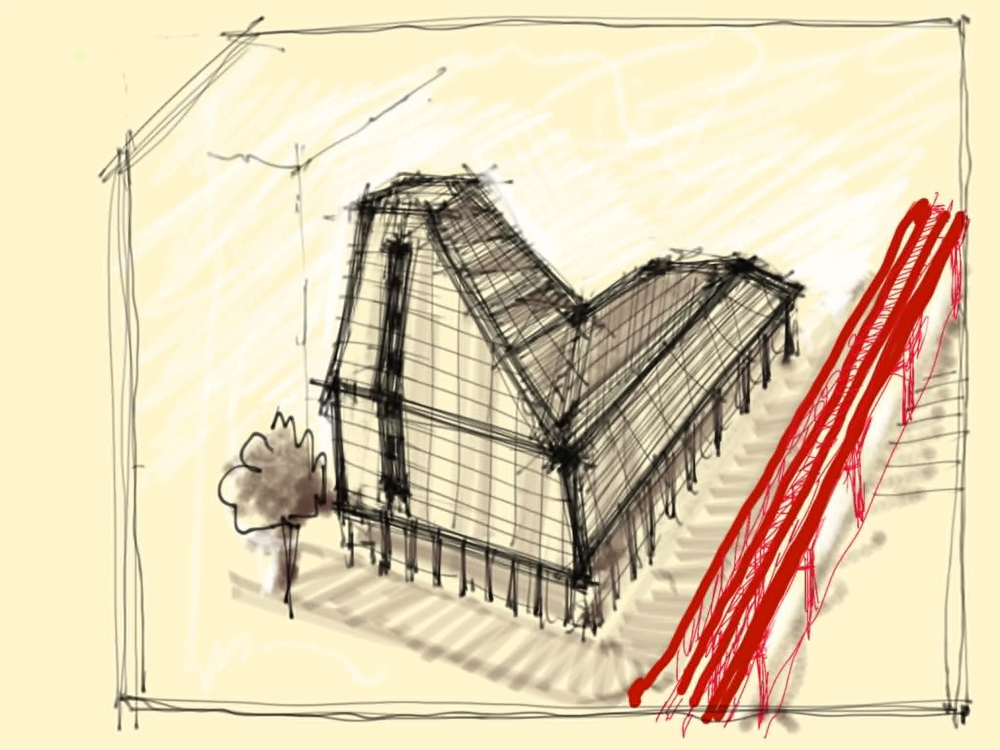 Sketch of a modern house with tallGlass windows and a prominent rooftop, drawn with black ink and some red lines on the side.
