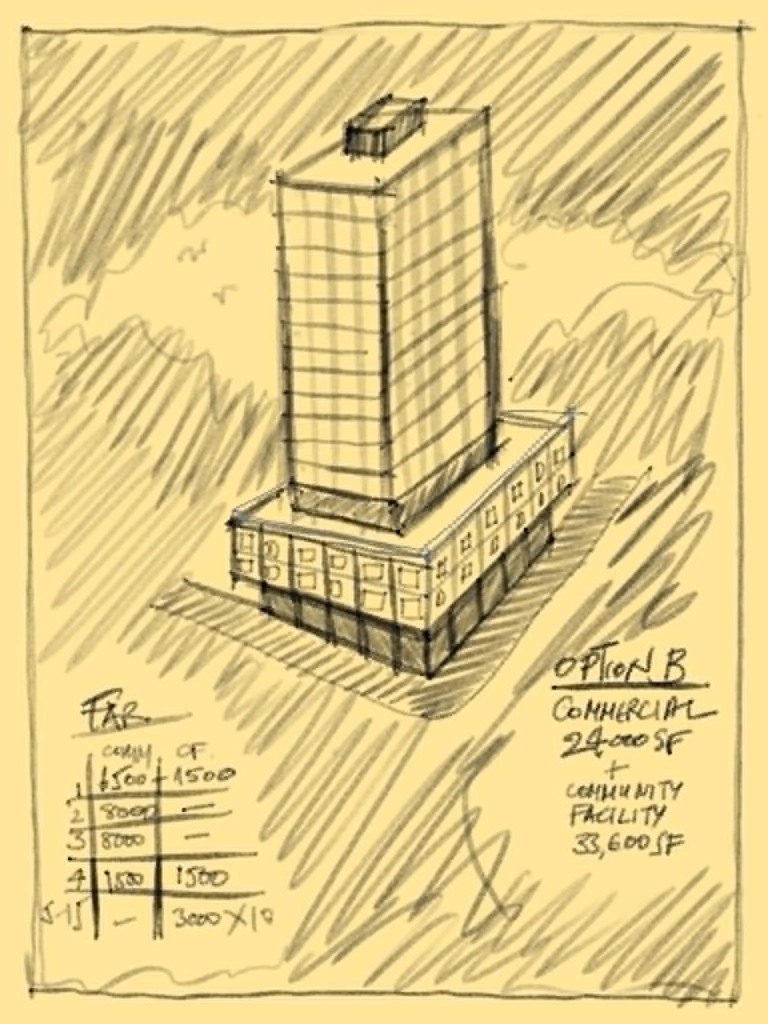 A sketched drawing of a high-rise building on city property, with construction details listed below. The background contains shading and handwritten notes about costs and dimensions.